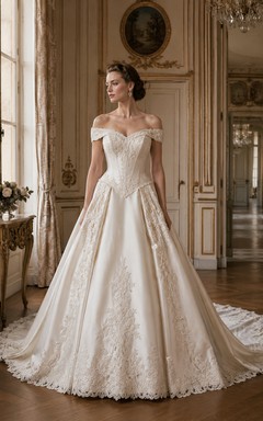 Off-the-Shoulder Lace Ball Gown Vintage Wedding Dress