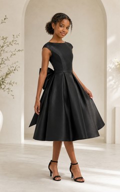 Schwarzes Brautjungfernkleid im A-Linien-Stil mit Strasssteinen, kurzen Ärmeln, Teelänge, Satinschleife, modern