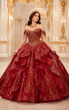 Red and Gold Embroidered Ball Gown Quinceanera Dress with Tiered Skirt