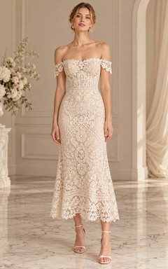 Boho Tea-length Off Shoulder Geometric Lace Fitted Bridal Wedding Dress