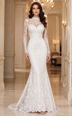 Vestido de novia de lujo largo hasta el suelo, estilo sirena, con mangas largas y cuello alto, encaje.