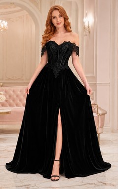 Black Velvet Lace Off-the-shoulder Short Sleeve Mermaid Floor-length Sweep Train Split Gown