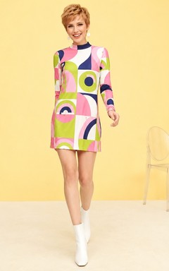 Robe fourreau mini abstraite vintage multicolore à manches longues et à motifs géométriques géométriques.