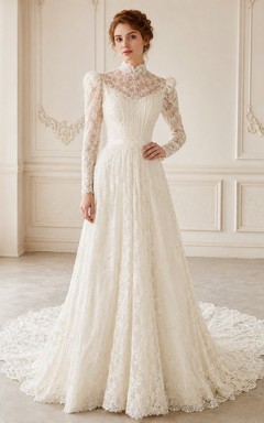 Vestido de novia blanco de encaje, corte A, manga larga, estilo vintage y modesto.