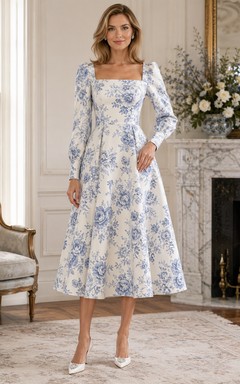 Vestido de invitada de tafetán con cuello cuadrado y mangas abullonadas, estampado floral blanco y azul.