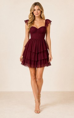 Burgunderfarbenes Chiffon-Stufenkleid mit Korsett und Volantträgern für den Abschlussball, mit Volantträgern