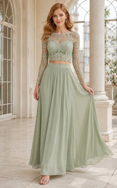 Sage Lace Chiffon Long Sleeve Square Neck Two Piece A-Line Formal Dress