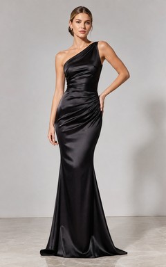Vestido formal largo hasta el suelo, de satén negro, sin mangas y con un solo hombro, estilo sirena.