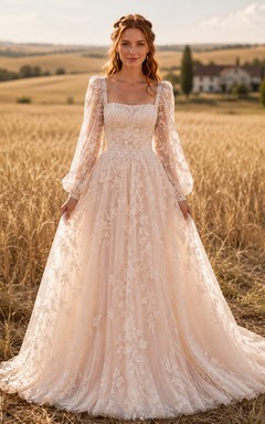 Country Tulle Wedding Dress A-Line V-Neck Flutter Sleeve Chapel Train Low V Back Bridal Gown
