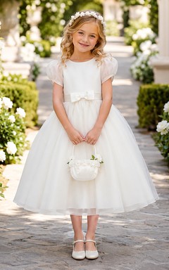 Blumenmädchenkleid aus elfenbeinfarbenem Tüll, A-Linie, Rundhalsausschnitt, Teelänge, Schleifendetail