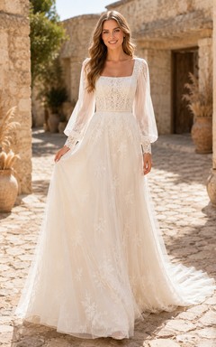 Modest Boho Square Neck Long Poet Sleeve Lace Tulle A-Line Sweep Train Wedding Gown