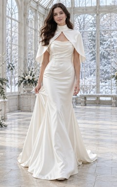 Vestido de novia corto de satén con capa y corpiño tipo capa y cuello alto estilo sirena para invierno