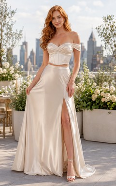 Off Shoulder Corset Satin Slit Skirt Rooftop Bridal Set