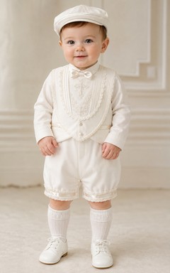 Traje de bautizo para bebé niño, pelele de manga larga de satén, color crema.