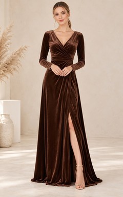 Western Chocolate V-Neck Long Sleeve Velvet Split Bridesmaid Dress