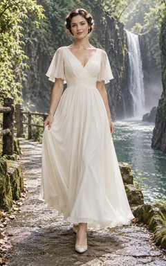 Einfaches Brautkleid in A-Linie mit V-Ausschnitt, kurzen, flatternden Ärmeln und Knöchellänge