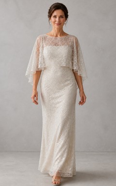 Robe fourreau en dentelle drapée et sobre pour mariées d'âge mûr, longueur au sol, décolleté bateau, manches courtes, robe de mère de la mariée