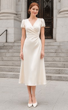 Budget Courthouse V-Ausschnitt Wickel-Satin Midi Brautkleid