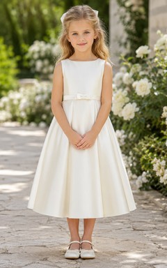 Klassisches, ärmelloses Satin-Kleid in Teelänge, A-Linie und U-Boot-Ausschnitt mit Schleife, perfekt für Blumenmädchen und Gartenhochzeiten