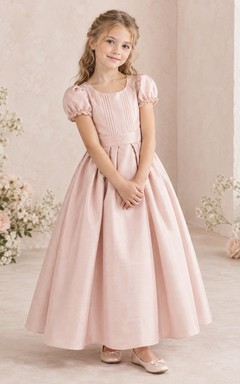 Simple Pearl-pink Ankle-length Scoop Puff-sleeve Ruffled-cuff Pintucked-bodice Banded Pleated Zipper-back Flower Girl Dress