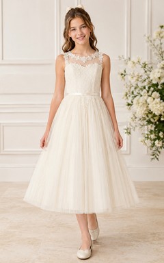 Elegant Lace Tea-Length A-Line Flower Girl Garden Wedding Tulle Dress With Illusion Jewel Neck