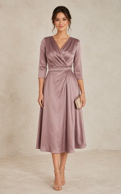 Dusty Rose V-neck Satin Wrap Tea-Length Dress