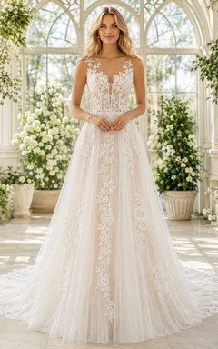 Lace Tulle Wedding Dress A-Line V-Neck Sleeveless Sweep Train Low V Back Bridal Gown