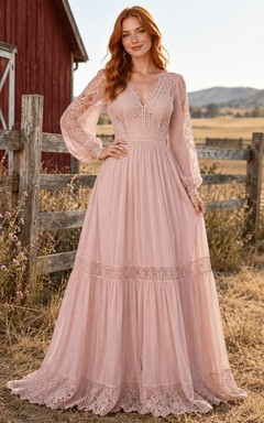 Dusty Pink Long Sleeve Crochet Tiered Rustic Barn Bridal Gown