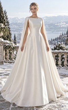 Simple Bateau Satin A-line Winter Wedding Draped Cape Dress