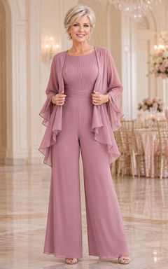 Dusty Rose Mother Jumpsuit with Jewel Neck Pleated Bodice Cape and Wide Leg Pants