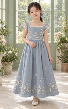 Vestido de niña de flores azul con escote cuadrado, estampado floral, corte en A, mangas cortas, largo hasta los tobillos y lazo bordado en la espalda.