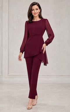 Petite Long Sleeve Peplum Two Piece Burgundy Mother Suit