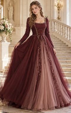 Robe de bal médiévale en tulle bordeaux à manches longues et col carré, corset en tulle, style corset, robe de bal.