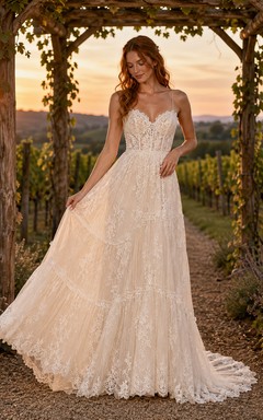 Spaghetti Strap Lace Vineyard Garden A-Line Bridal Gown