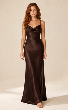 Chocolate Brown Cowl Neck Spaghetti Strap Satin Sheath Floor-length Evening Dress