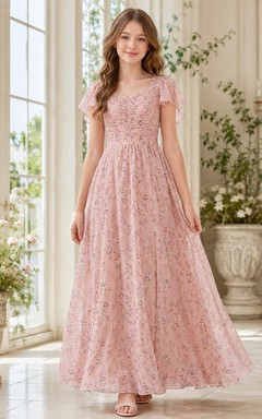 Zartrosa Brautjungfernkleid im A-Linien-Stil mit Rundhalsausschnitt, kurzen Ärmeln und floralem Blütenmuster im Boho-Stil