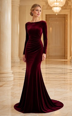 Robe de soirée sirène élégante en velours bordeaux à manches longues et coupe bateau, style sirène, sexy