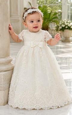 Vestido de lujo para ceremonia de bautizo de bebé, corte A, largo hasta el suelo, cuello joya, manga corta, tul, encaje, lazo en la espalda, botones en la espalda.