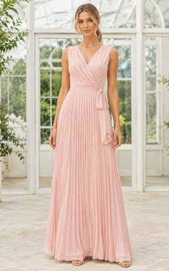 Light Pink Chiffon Wrap Sleeveless Pleated A-line Floor-length Dress