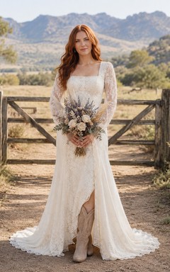 Vestido de novia premamá con escote corazón y mangas largas de encaje, vestido de novia estilo jardín.