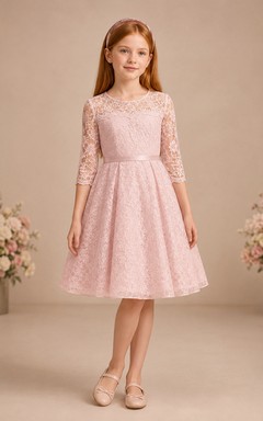 Blush Modest Lace Three-Quarter Sleeve A-Line Flower Girl Garden Knee Length Vintage Dress