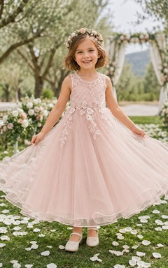 Romantic Blush Boho Lace Flower Girl Dress with Sleeveless Tulle A-Line, Floral Lace Bodice, Natural Waist, and Long Skirt