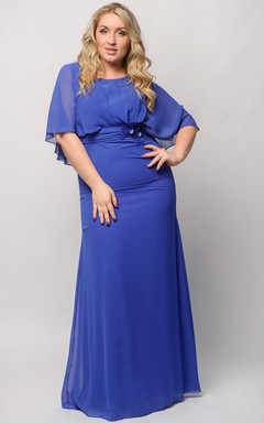 Vestido largo de gasa con volantes y cremallera, corte imperio, manga corta y escote palabra de honor.