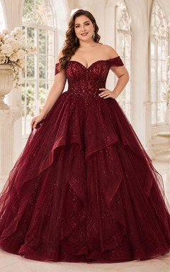 Robe de bal de princesse bordeaux grande taille à épaules dénudées, à volants et paillettes, style quinceañera
