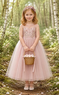 A-Line Flowergirl Pink Lace Tulle Tea-Length Cap Sleeve Forest Wedding Dress