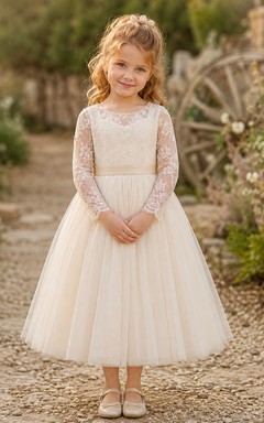 Flower Girl Dress Ivory Lace Tulle A-Line Long Sleeve Scoop Neck Tea Length