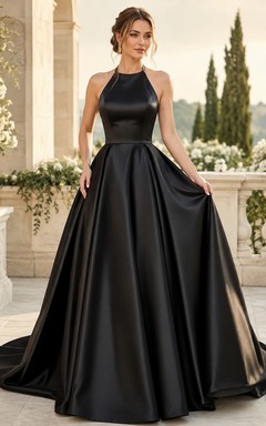 Luxury Black Satin Ball Gown Sweep Train Scoop Neck Straps Evening Dress