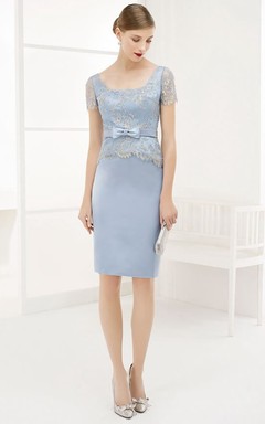 Robe de bal en satin longueur genou, col carré, dos carré, manches courtes et nœud.