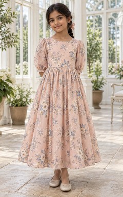Schlichtes rosa Blumenkleid in A-Linie mit Print, Puffärmeln, Knöchellänge und Schleife am Rücken