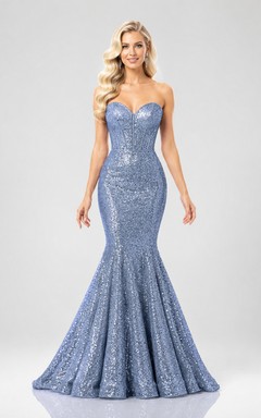 Steel Blue Strapless Sequin Mermaid Floor Length Formal Dress
